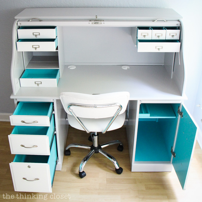 Roll Top Desk Makeover.  The best part?  The element of surprise on the inside of the drawers: gem turquoise!