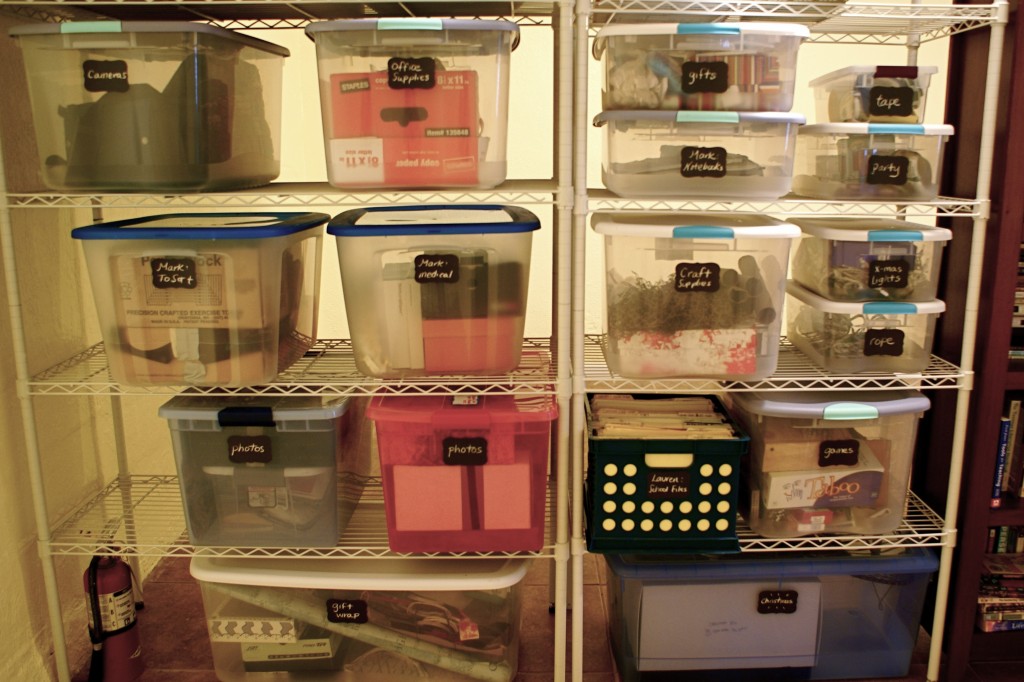 Basement storage organization using chalkboard labels via The Thinking Closet