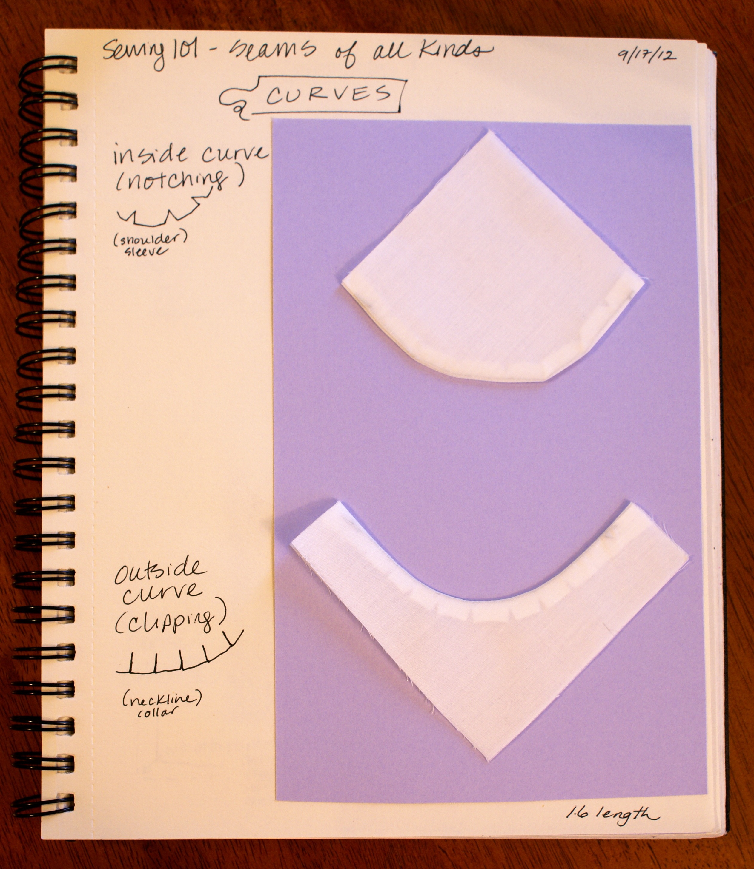 Sewing Practice. Inside curve, notching, outside curve, clipping.