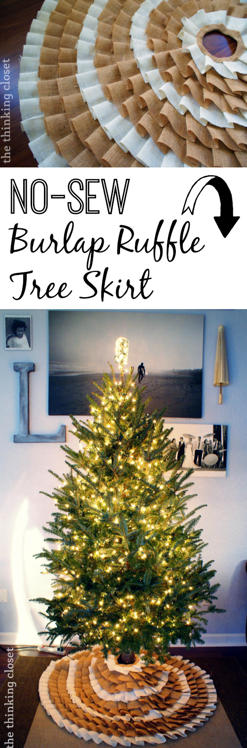 Gorgeous No-Sew Ruffle Burlap Christmas Tree Skirt.  Just grab that glue gun and go!  