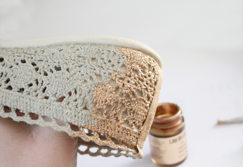 Gold Shoe Makeover | Learn how to transform some plain crochet flats into glitzy gold gilded show-stoppers using this step by step tutorial from the Shoe Makeover Queen herself, Allison of Dream a Little Bigger.  #liquidgilding