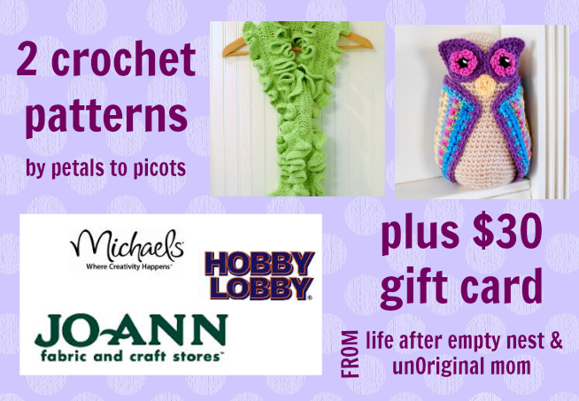 2 crochet patterns & $30 craft store gift card - - 1 of 6 prizes in The Thinking Closet's Blogiversary Giveaway! 9/6 - 9/11 2 crochet patterns & $30 craft store gift card - - 1 of 6 prizes in The Thinking Closet's Blogiversary Giveaway! 9/6 - 9/11