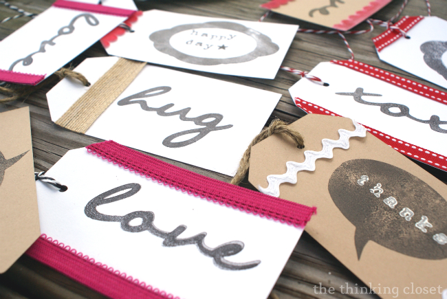 Handmade Gift Tags using Silhouette Stamping Material via The Thinking Closet