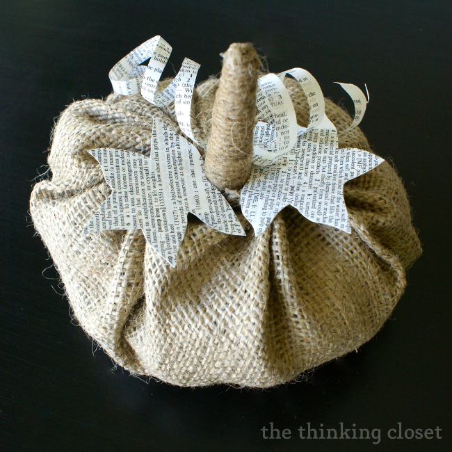 Easy to make burlap and book page pumpkin. D.I.Y. Fall Decor!