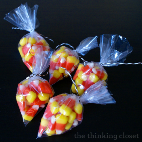 Candy Corn sachets using the corner of zip-lock bags!