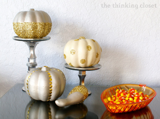 Glitter Glam Pumpkins & D.I.Y. Pedestals using supplies from...wait for it...Dollar Tree!  Crazy, right?  via thinkingcloset.com