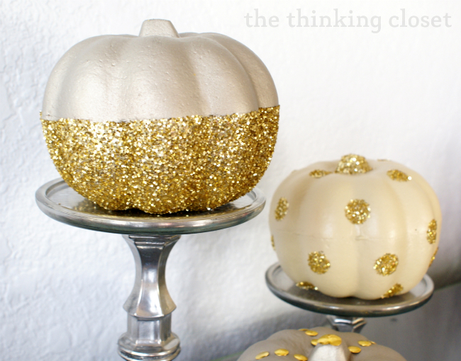 Gold-Glitter-Dipped Pumpkin & Polka Dotted Pumpkin...made with supplies from Dollar Tree!  via thinkingcloset.com