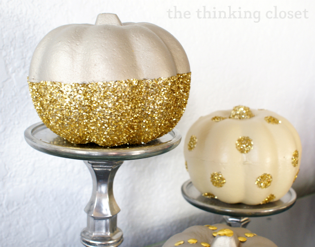 Gold-Glitter-Dipped Pumpkin & Polka Dotted Pumpkin...made with supplies from Dollar Tree! via thinkingcloset.com Gold-Glitter-Dipped Pumpkin & Polka Dotted Pumpkin...made with supplies from Dollar Tree! via thinkingcloset.com