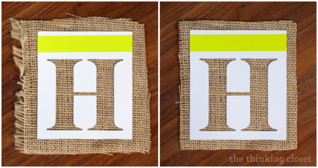 Applying the cardstock letters to the burlap. Applying the cardstock letters to the burlap.