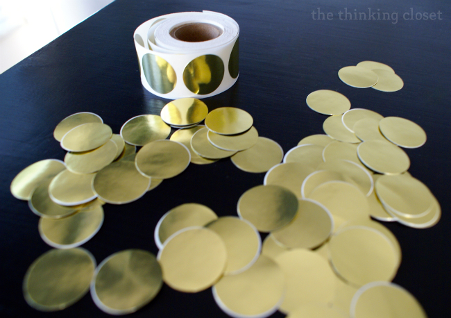 Gold Dot Stickers prepped to sew into a Gratitude Garland! via thinkingcloset.com Gold Dot Stickers prepped to sew into a Gratitude Garland! via thinkingcloset.com