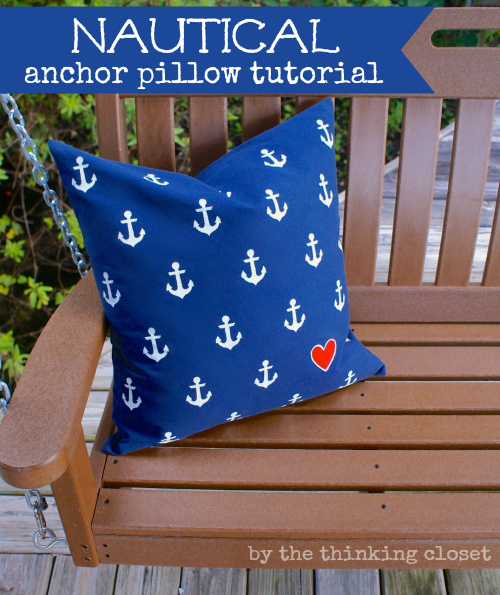 DIY Nautical Anchor Pillow Tutorial (with heart detail). A freezer paper stenciling tutorial and free Silhouette cut file! Nautical Anchor Pillow Tutorial - Tips for freezer paper stenciling via thinkingcloset.com