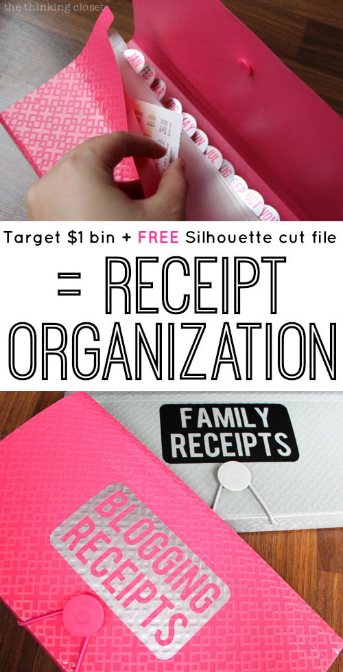 Receipt Organization! Thanks to the Target $1 bin and a FREE Silhouette cut file, my receipts shall be a hot mess no more! via thinkingcloset.com