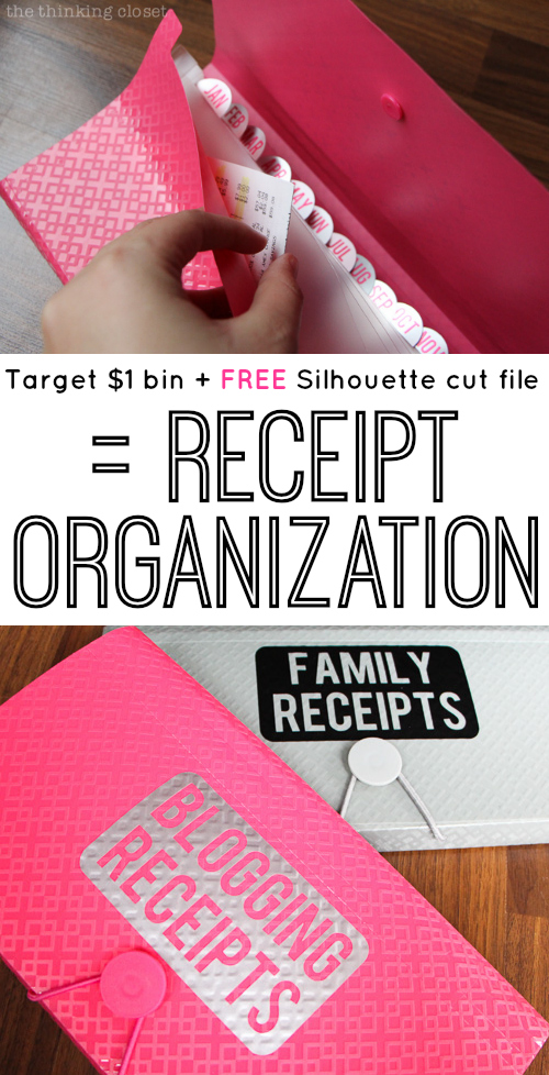 Receipt Organization! Thanks to the Target $1 bin and a FREE Silhouette cut file, my receipts shall be a hot mess no more! via thinkingcloset.com Receipt Organization! Thanks to the Target $1 bin and a FREE Silhouette cut file, my receipts shall be a hot mess no more! via thinkingcloset.com