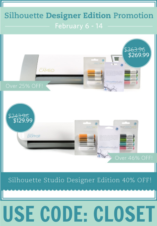 Silhouette Promotion! Awesome deals on machine bundles and the Designer Edition Software using the code CLOSET. Feb 6 - 14 at thinkingcloset.com Silhouette Promotion! Awesome deals on machine bundles and the Designer Edition Software using the code CLOSET. Feb 6 - 14 at thinkingcloset.com