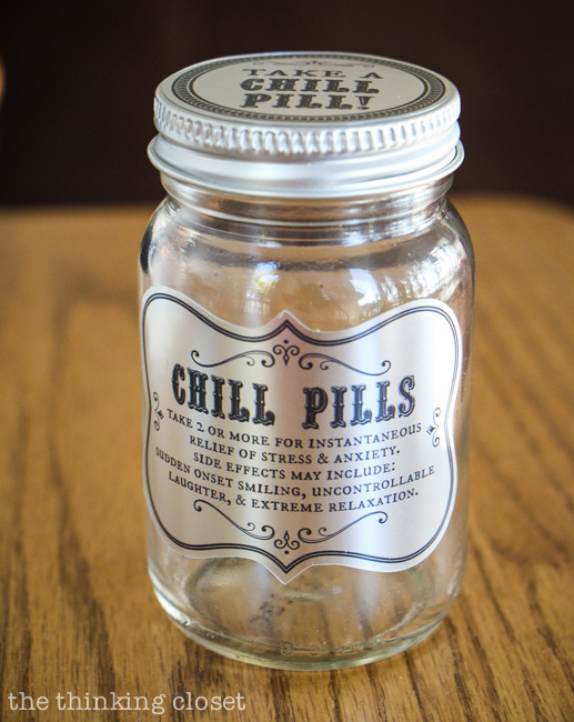 Chill Pills! A great gag gift idea and all you need is a glass jar, some candies, and the FREE printable labels from this Silhouette tutorial via thinkingcloset.com!