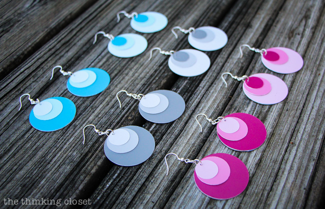 Ombre Paint Chip Earrings: Silhouette tutorial and FREE cut file via thinkingcloset.com.  Such a great gift idea!