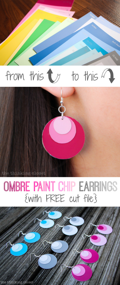 Ombre Paint Chip Earrings with FREE Silhouette cut file! Such an easy, inexpensive gift idea via thinkingcloset.com