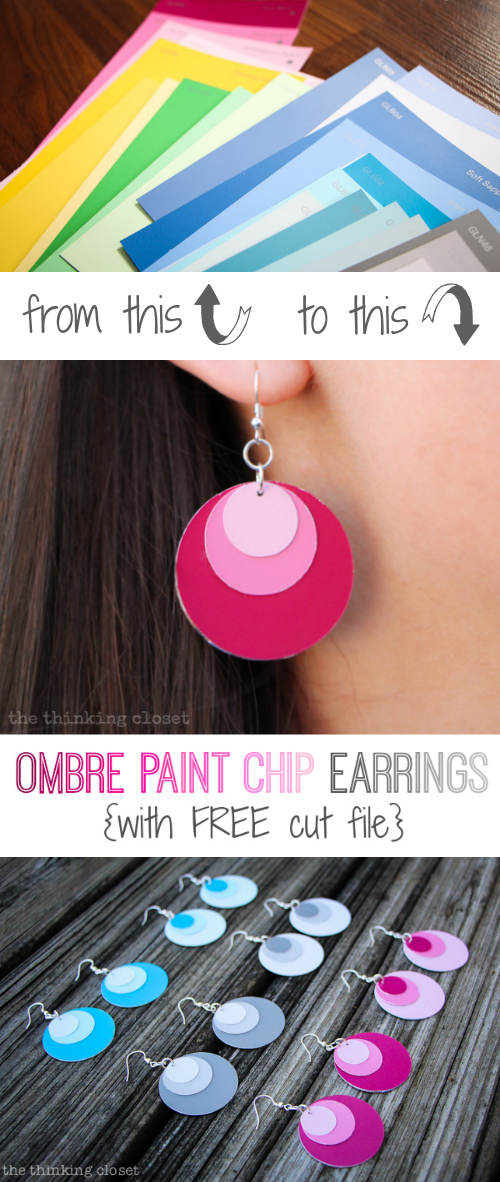 Ombre Paint Chip Earrings with FREE Silhouette cut file! Such an easy, inexpensive gift idea via thinkingcloset.com Ombre Paint Chip Earrings with FREE Silhouette cut file! Such an easy, inexpensive gift idea via thinkingcloset.com