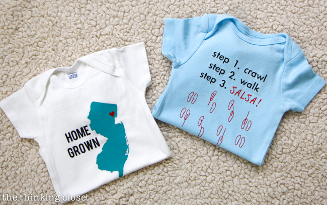 Gender-Neutral Onesies using HTV. Such a fun and easy way to personalize a shower gift! FREE cut files via thinkingcloset.com