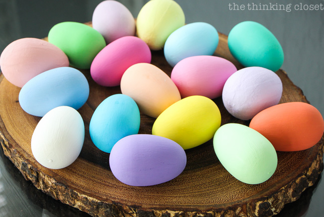 Brightly colored painted eggs, prepped and ready for their bird silhouettes! via thinkingcloset.com