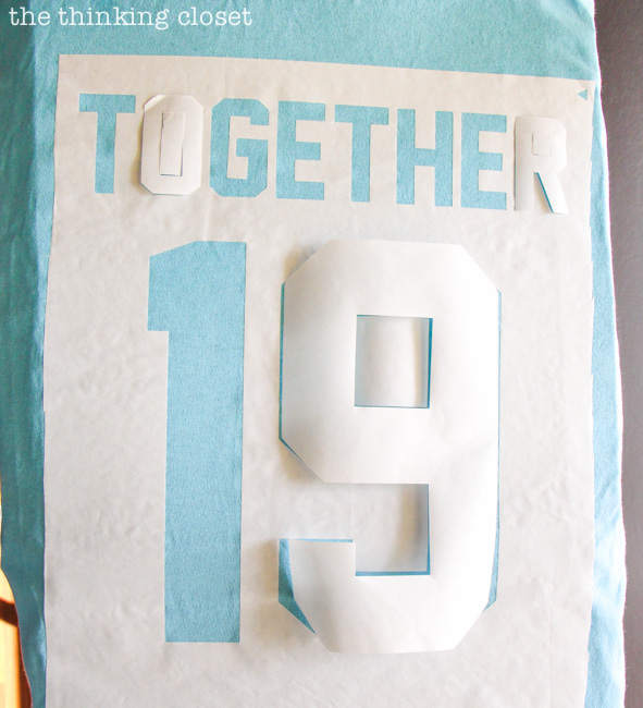 TogetherSinceTShirt-8 TIP for lining up the solo pieces of your freezer paper stencil via thinkingcloset.com