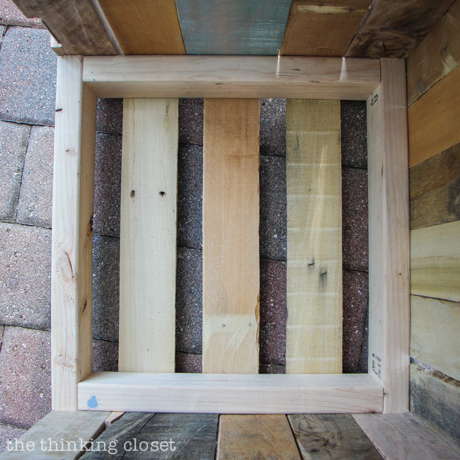Finishing the bottom of the Rustic Pallet Recycle Bin. Step by step tutorial by thinkingcloset.com Finishing the bottom of the Rustic Pallet Recycle Bin. Step by step tutorial by thinkingcloset.com