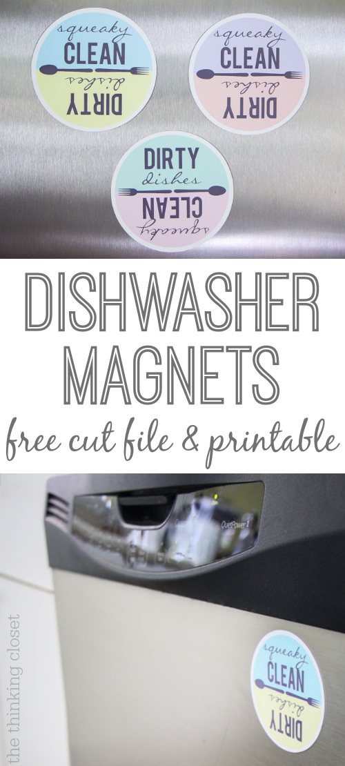 Now, I will never mix up the clean and dirty dishes again! This tutorial includes both a Silhouette cut file and a FREE printable for those who want to cut out the magnets the old-fashioned way: with scissors! These would make great shower, housewarming, or hostess gifts!