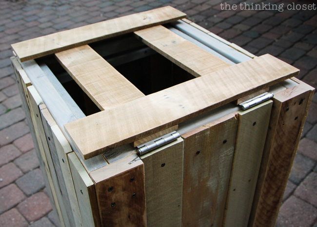 Creating the top lid to the Rustic Pallet Recycle Bin.  Step by step tutorial by thinkingcloset.com