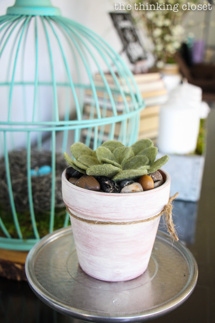 Rustic Vintage Spring Mantel: How cool are these felt succulents! Perfect for my black thumb! via thinkingcloset.com Rustic Vintage Spring Mantel: How cool are these felt succulents! Perfect for my black thumb! via thinkingcloset.com
