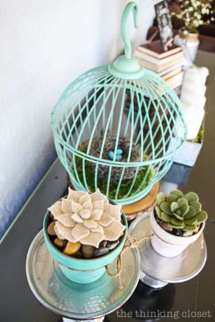 Rustic Vintage Spring Mantel: How cool are these felt succulents! Perfect for my black thumb! via thinkingcloset.com Rustic Vintage Spring Mantel: How cool are these felt succulents! Perfect for my black thumb! via thinkingcloset.com