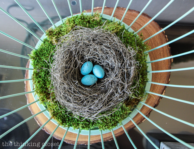 Rustic Vintage Spring Mantel: How sweet are these turquoise Robin's eggs in the handmade nest? via thinkingcloset.com Rustic Vintage Spring Mantel: How sweet are these turquoise Robin's eggs in the handmade nest? via thinkingcloset.com