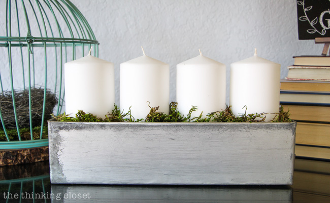 Rustic Vintage Spring Mantel: Love the idea of using an industrial drawer to display pillar candles! via thinkingcloset.com Rustic Vintage Spring Mantel: Love the idea of using an industrial drawer to display pillar candles! via thinkingcloset.com