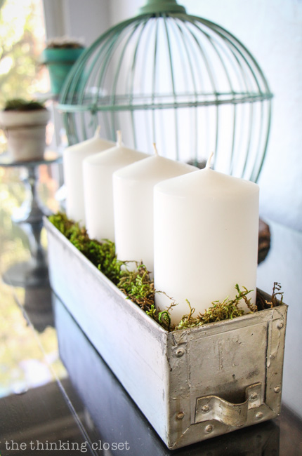 Rustic Vintage Spring Mantel: Love the idea of using an industrial drawer to display pillar candles! via thinkingcloset.com Rustic Vintage Spring Mantel: Love the idea of using an industrial drawer to display pillar candles! via thinkingcloset.com