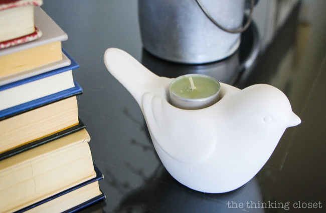 Rustic Vintage Spring Mantel: it wouldn't be complete without a white bird teacandle holder via thinkingcloset.com Rustic Vintage Spring Mantel: it wouldn't be complete without a white bird teacandle holder via thinkingcloset.com