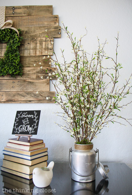 Rustic Vintage Spring Mantel: think outside the box when it comes to vases. A vintage camping jug will do just fine! via thinkingcloset.com Rustic Vintage Spring Mantel: think outside the box when it comes to vases. A vintage camping jug will do just fine! via thinkingcloset.com