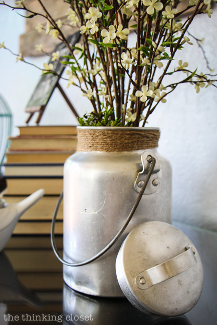 Rustic Vintage Spring Mantel: think outside the box when it comes to vases. A vintage camping jug will do just fine! via thinkingcloset.com Rustic Vintage Spring Mantel: think outside the box when it comes to vases. A vintage camping jug will do just fine! via thinkingcloset.com