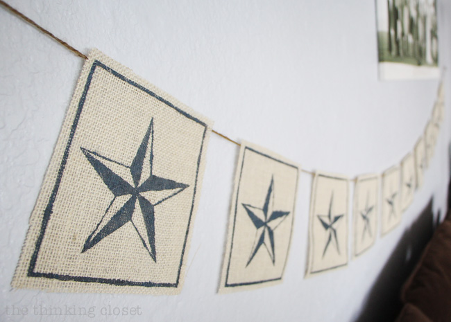 Nautical Star Burlap Banner: love that this can be used for everyday decor as well as for the Fourth of July!  Also, is it not amazing that you can cut stencil material with a Silhouette machine?!  Game-changer!