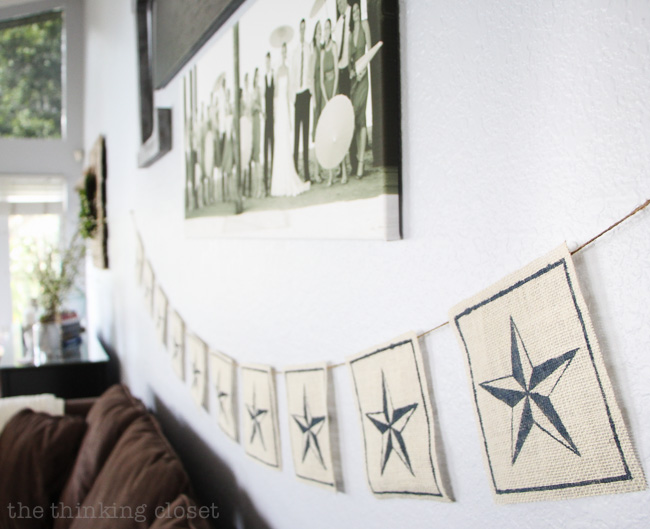 Nautical Star Burlap Banner: love that this can be used for everyday decor as well as for the Fourth of July! Also, is it not amazing that you can cut stencil material with a Silhouette machine?! Game-changer!