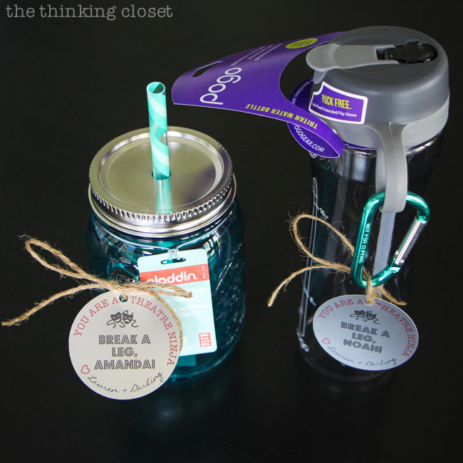 Creative gift idea for the tech crew of a theatre production: "You Are a Theatre Ninja" gift tags on mason jar tumblers and water bottles. Gotta stay hydrated! Creative gift idea for the tech crew of a theatre production: "You Are a Theatre Ninja" gift tags on mason jar tumblers and water bottles. Gotta stay hydrated!
