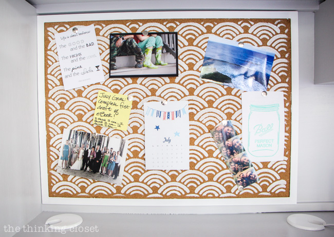 Desk Styling 101: Add a personal touch...like stenciling scallops on a memo board to make it your own!