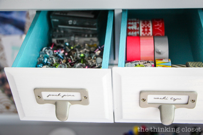 Roll Top Desk Makeover: Drawer labels made with Silhouette sketch pens, to give it that handwritten look!