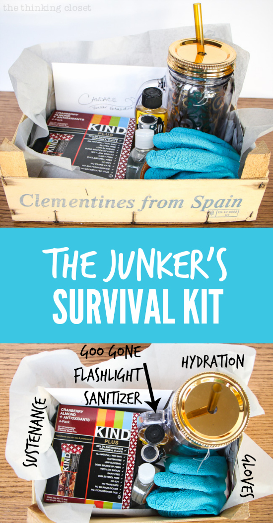 The Junker's Survival Kit! All of the necessities for a fun "junking" expedition - - everything from hydration and sustenance to flashlights and gloves for finding those "buried" treasures at the flea market! The Junker's Survival Kit! All of the necessities for a fun "junking" expedition - - everything from hydration and sustenance to flashlights and gloves for finding those "buried" treasures at the flea market!