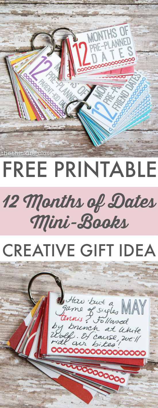 12 Months of Pre-Planned Dates Mini-Book | Such a creative and meaningful gift idea for the loved ones in your life. The FREE Printable Pack also comes with everything you need to create mini-books for Parent-Kid Dates, Friend Dates, and wedding gifts! So many gifts in one!