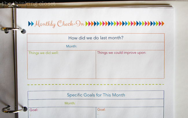 Our Budget Binder | How we're getting our financial rears in gear, plus a slew of recommended resources and printables for anyone else looking to do the same! Here's a snapshot of the printable for our Monthly Check-In meetings. via thinkingcloset.com