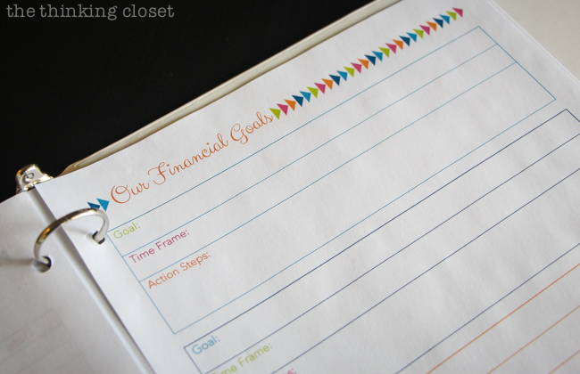 Our Budget Binder | How we're getting our financial rears in gear, plus a slew of recommended resources and printables for anyone else looking to do the same! Here's a snapshot of the printable for Our Financial Goals. via thinkingcloset.com