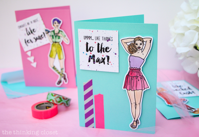 Fashion Plate Greeting Cards: A Fun Retro-Inspired Craft Project for anyone who grew up in the 1980s or 1990s - - and this step by step tutorial includes a free printable and cut file so you can make your own and relive your youth! These fab cards are guaranteed to bring a smile (and wash of nostalgia) to your recipient. Like totally! Fer sure! {Smile.}