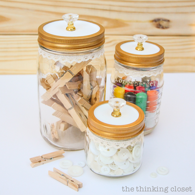 Fancy Dancy Mason Jar Upcycle for Swap It Like It's Hot!  |  Watch what happens when bloggers send each other thrifted finds and exercise their DIY powers!  I got a trinket box with pretty knobs and transformed it into pretty craft supply storage. Tutorial includes links to all of the bloggers in Swap It Like It's Hot 3.0, so check out the wealth of inspiration.  You'll never look at a thrifted find the same way again.
