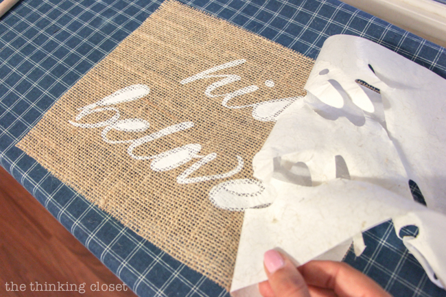 DIY Burlap Chair Signs for the Bride & Groom | Step by step freezer paper stenciling tutorial including FREE Silhouette cut file! These "his beloved" and "her beloved" chair banners are the perfect addition to a rustic wedding!