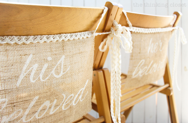 DIY Burlap Chair Signs for the Bride & Groom | Step by step freezer paper stenciling tutorial including FREE Silhouette cut file! These "his beloved" and "her beloved" chair banners are the perfect addition to a rustic wedding! DIY Burlap Chair Signs for the Bride & Groom | Step by step freezer paper stenciling tutorial including FREE Silhouette cut file! These "his beloved" and "her beloved" chair banners are the perfect addition to a rustic wedding!