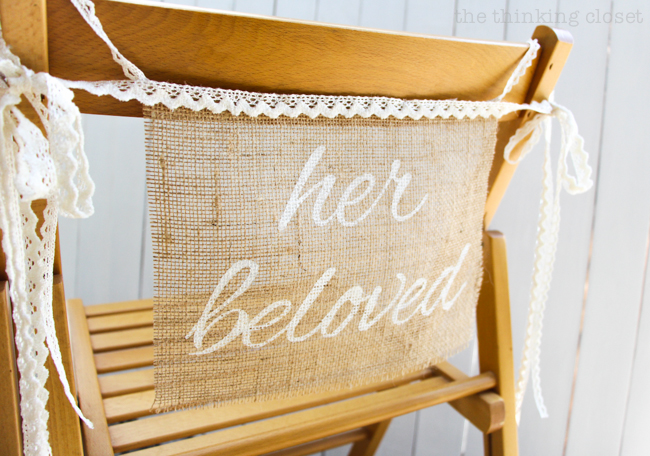 DIY Burlap Chair Signs for the Bride & Groom | Step by step freezer paper stenciling tutorial including FREE Silhouette cut file! These "his beloved" and "her beloved" chair banners are the perfect addition to a rustic wedding! DIY Burlap Chair Signs for the Bride & Groom | Step by step freezer paper stenciling tutorial including FREE Silhouette cut file! These "his beloved" and "her beloved" chair banners are the perfect addition to a rustic wedding!